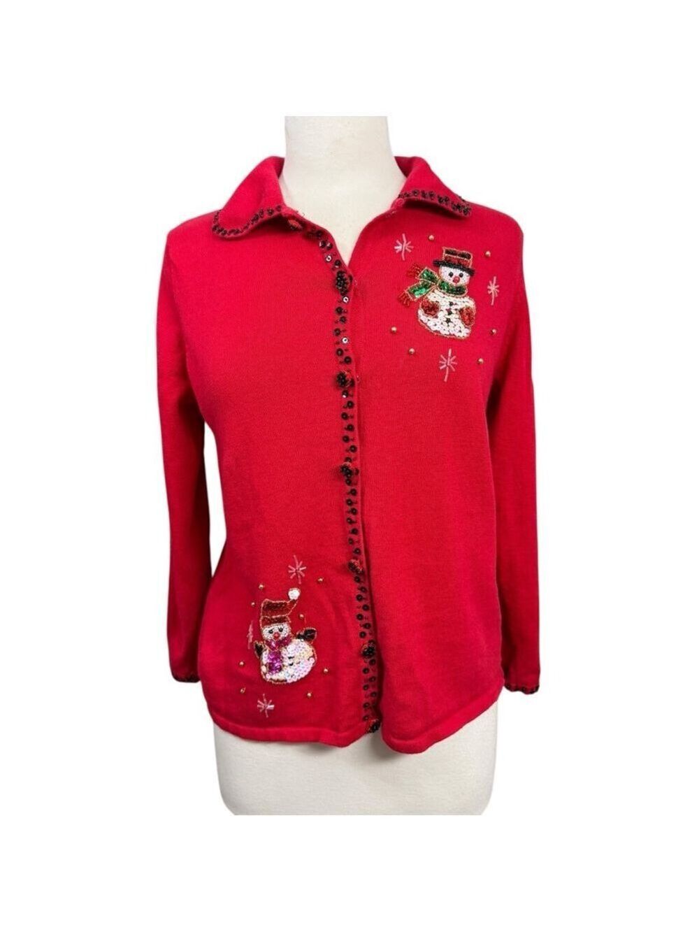 Designers‎ Originals Studio JOY Red Snowman Christmas Sweater Beaded Trim M